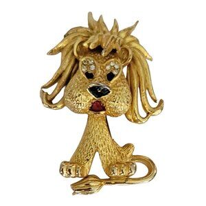 Sphinx Gold Tone Enamel Rhinestone Shaggy Lion Brooch, Numbered A1391 K31